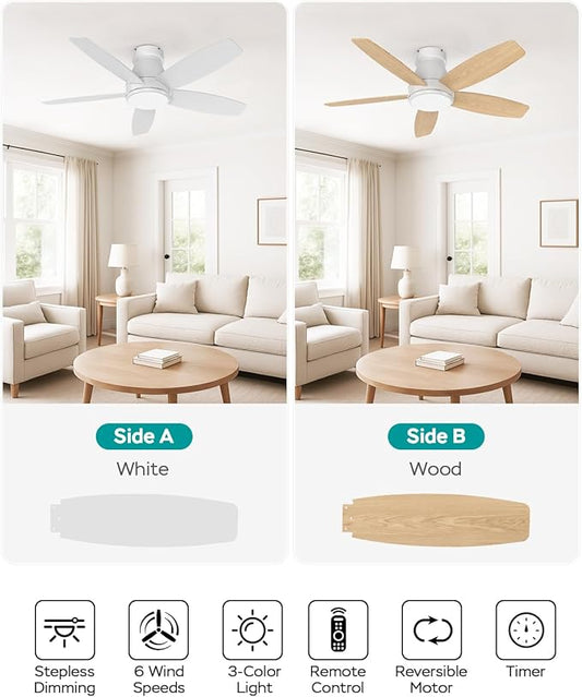 42 Inch Ceiling Fans with Lights, Quiet Reversible Fan with Remote & APP Control, 6-Speed, 3 Color Temperatures Dimmable LED, DC Motor, Low Profile Ceiling Fan for Bedroom Living Room, White