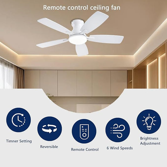 JSAITEE Ceiling Fans with Lights, 42 Inch Low Profile Ceiling Fan with Light and Remote Control, Flush Mount, DC Reversible Motor, Noiseless, White 6 Speeds Ceiling Fan for Bedroom