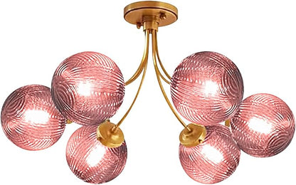 Modern Pink Chandelier 6-Lights Gold Ceiling Pendant Light with Striped Glass Shades Large Globe Chandelier Mid Century Flush Mount Ceiling Light Fixture for Dining Room Living Room