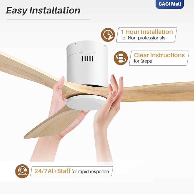 CACI Mall 52 Inch Smart Ceiling Fan without Light, Flush Mount, 3 Blades Solid Wood, Low Profile, Modern, Outdoor/Indoor Ceiling Fans No Light for Bedroom/Farmhouse/Patio