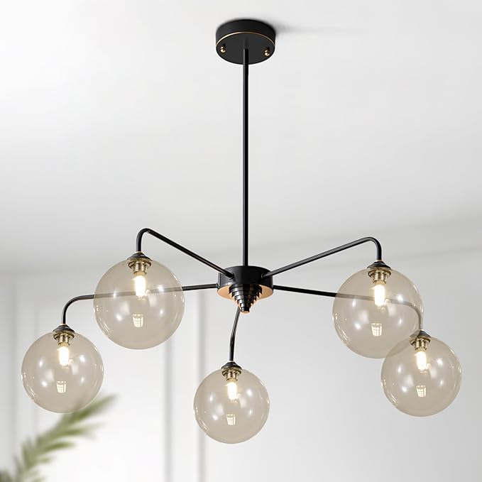 5 Light Black Sputnik Chandelier Mid Century Modern Chandelier with Cognac Clear Glass Globe Shade Pendant Light for Kitchen Dining Room