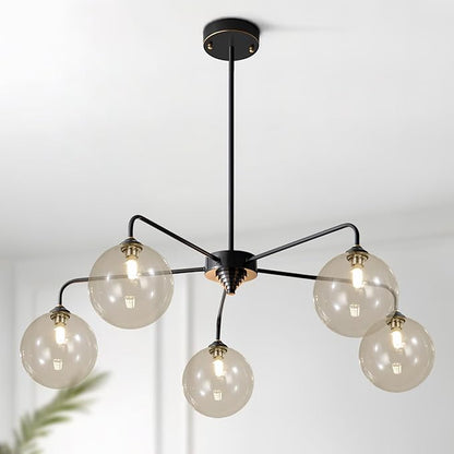 5 Light Black Sputnik Chandelier Mid Century Modern Chandelier with Cognac Clear Glass Globe Shade Pendant Light for Kitchen Dining Room