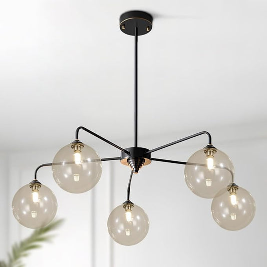 5 Light Black Sputnik Chandelier Mid Century Modern Chandelier with Cognac Clear Glass Globe Shade Pendant Light for Kitchen Dining Room
