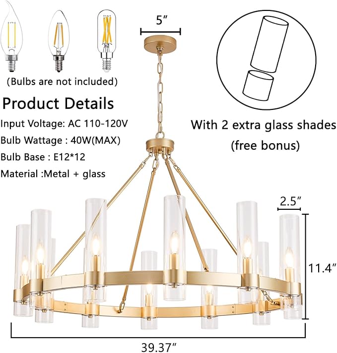 Wagon Wheel Chandelier, 12-Light Golden Farmhouse Round Chandelier, Industrial Lighting fixtures, Glass Pendant Light Suitable for Porch, Dining Room, Living Room, and Bedroom.