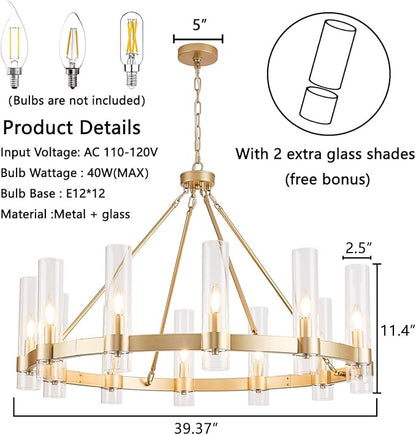 Wagon Wheel Chandelier, 12-Light Golden Farmhouse Round Chandelier, Industrial Lighting fixtures, Glass Pendant Light Suitable for Porch, Dining Room, Living Room, and Bedroom.