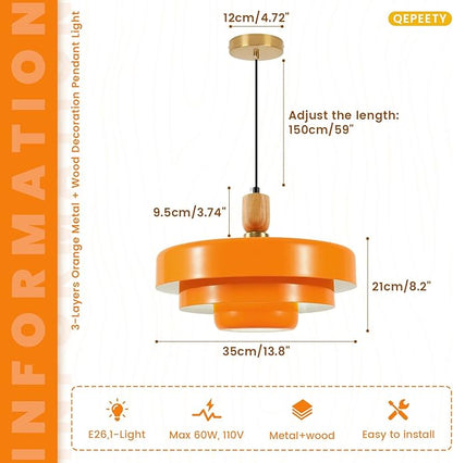 Orange Pendant Light with Wooden Dome, 3-Layer Metal Shade Mid Century Chandelier, Minimalist Industrial Hanging Light for Dining Room, Farmhouse Sink, Office