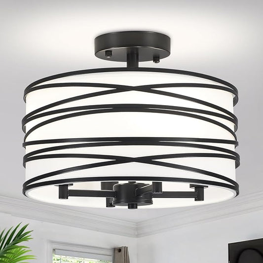 TOULMJ 4-Light Semi Flush Mount Ceiling Light, Black Drum Chandelier with White Fabric Shade, Modern Entryway Light Fixtures for Kitchen Island Laundry Room Hallway Dining Room