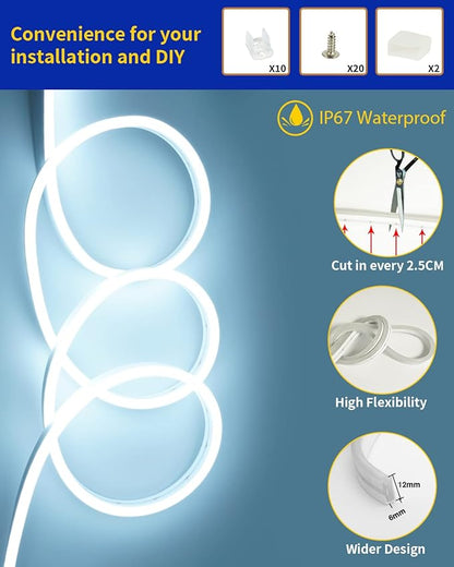 DUOFU365 White Neon LED Strip Light, DC 12V 600 SMD2835 LED Neon Rope Lights,Upgraded 16.4ft/5m Led Light Strips Flexible Waterproof for Indoor/Outdoors Home Decoration/DIY(No Power Adapter)