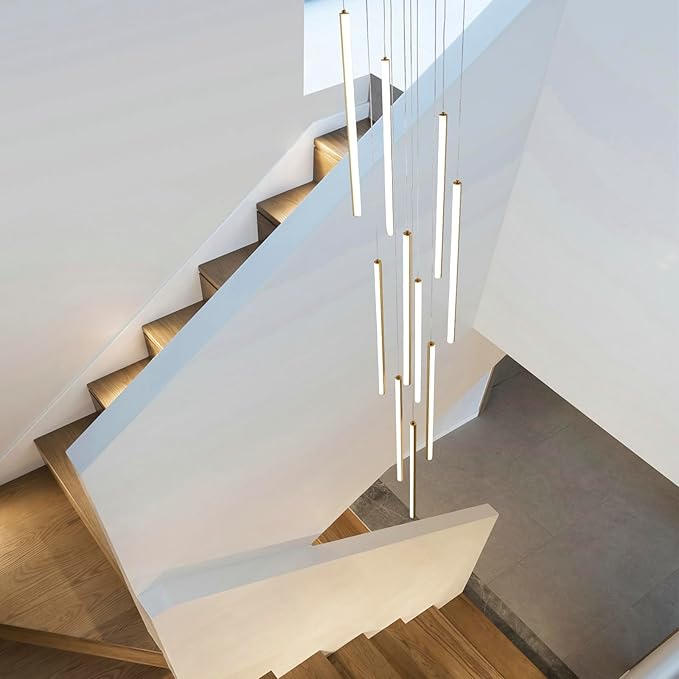 HuisMier 10 Lights Gold LED Chandeliers, Modern Dimmable Staircase Chandelier for High Ceiling with Remote Control, Long Foyer Chandelier for Living Room Entryway Hallway, 3000K-6000K