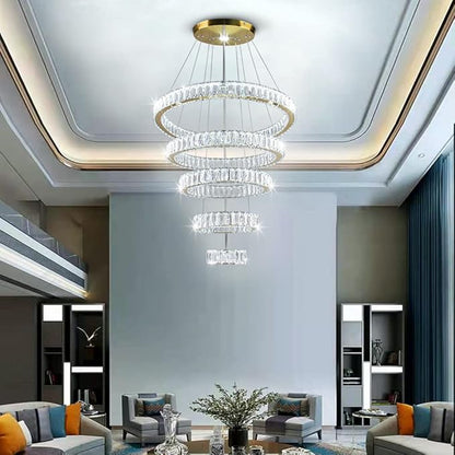 Dixun LED Crystal Chandeliers, Modern 5 Rings Pendant Light Titanium Gold Stainless Steel Height Adjustable Ceiling Light for Bedroom Dinning Room Kitchen (Cool White)