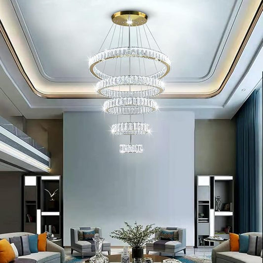 Dixun LED Crystal Chandeliers, Modern 5 Rings Pendant Light Titanium Gold Stainless Steel Height Adjustable Ceiling Light for Bedroom Dinning Room Kitchen (Cool White)