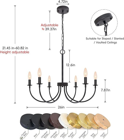 Black Chandelier, 6-Light Farmhouse Chandelier for Dining Room Lighting Fixtures Hanging, Rustic Candle Modern Chandeliers for Living Room Bedroom Foyer Kitchen(Frosted Black)