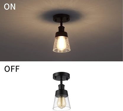 Fivess Lighting Industrial Glass Semi Flush Mount Ceiling Light, Black, 9.45x4.72x4.72 inches, Seeded Shade, for Kitchen, Hallway, Bedroom etc.