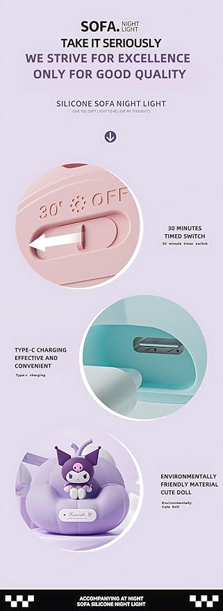 Cute Kuromi Night Light, Cartoon dimmable sili Cone Children's Night Light, Long Battery Life, Rechargeable Kuromi Light, Toddler Night Light, Gift for Boys and Girls (Purple kuruo)