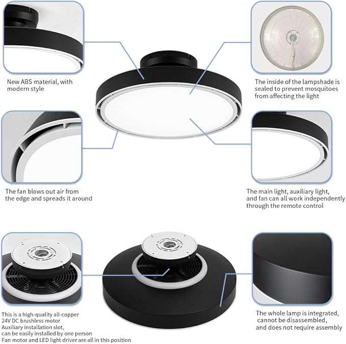 Bladeless Ceiling Fans with Lights and Remote, Flush Mount Modern Ceiling Fan with Light, 6 Speeds, Stepless dimming & 3000-6000K CCT LED Lights for Bedroom, Living Room (Black)