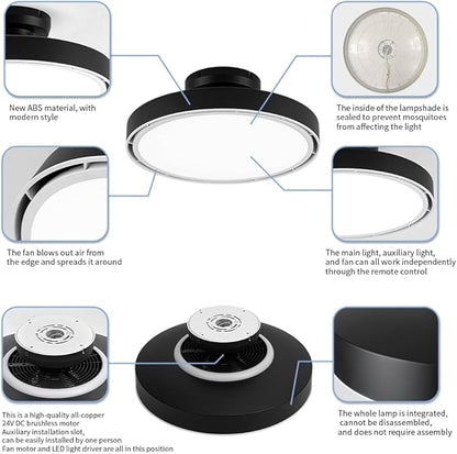 Bladeless Ceiling Fans with Lights and Remote, Flush Mount Modern Ceiling Fan with Light, 6 Speeds, Stepless dimming & 3000-6000K CCT LED Lights for Bedroom, Living Room (Black)