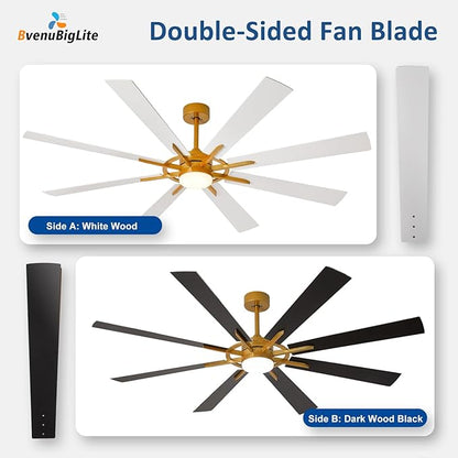 Large Ceiling Fans with Lights: Modern 72 Inch 8 Blade Outdoor Ceiling Fan with Remote APP Control - Dimmable White Gold Big Fan Light Indoor Reversible 6 Speed Quiet DC Motor