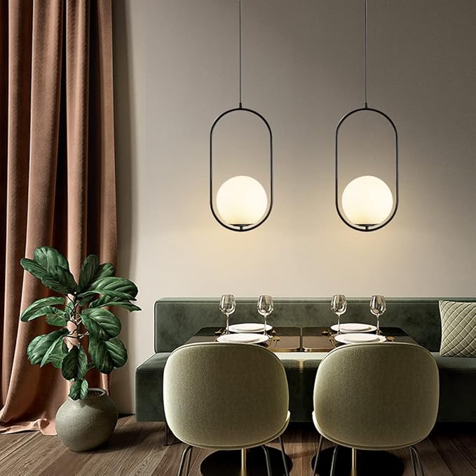 Modern Black Globe Pendant Light Set of 2 Frosted Glass Shade Geometric Hanging Fixture Indoor Adjustable Hanging Pendant Lamp Spherical Lighting for Kitchen Island Bedroom