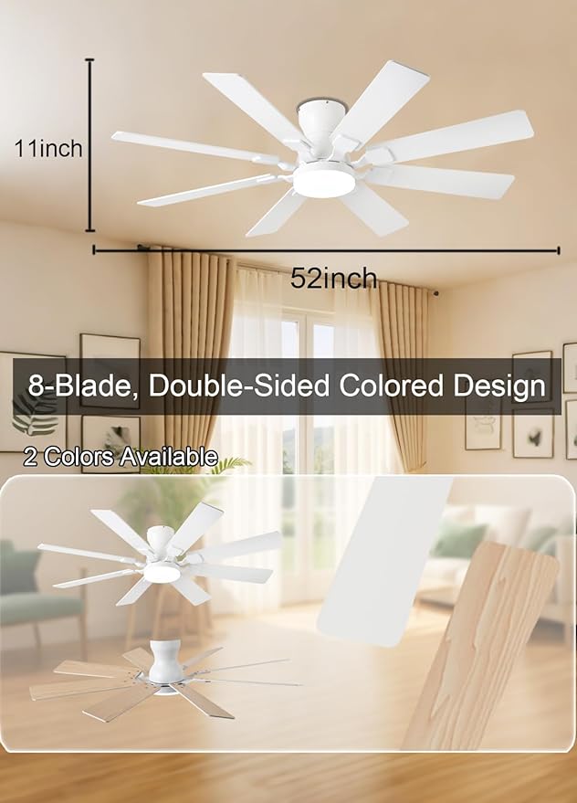 JSAITEE 52 inch Ceiling Fan with Light, 6 Speeds Reversible Low Profile Ceiling Fan with Light and Remote/APP Control, 3 Color Temp+Dimmable RGB, 8 Blades, Flush Mount Quiet Ceiling Fans, White