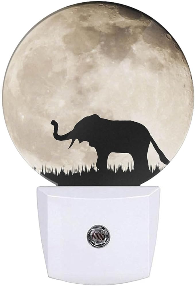 African Animal Night Light Silhouette Elephant on Full Moon Night Lights Plug into Wall 0.5W LED Lighting Auto on/Off for Hallway Stairway Kitchen Home Decor