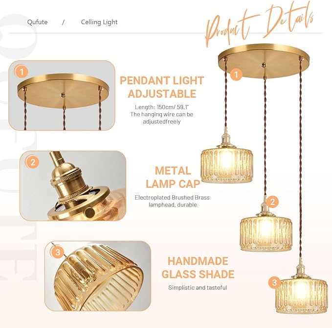Amber Chandelier Mid-Century Modern Chandelier 3-Light Glass Globes Vintage Gold Brass Finish Striped Glass Hanging Pendant Lights Dining Room Semi Flush Mount Ceiling Light Fixture