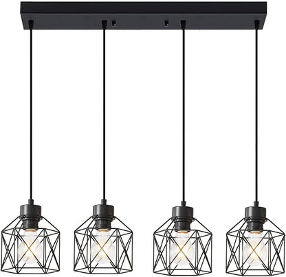 4-Light Hanging Pendant Light Fixtures, Farmhouse Kitchen Island Light Fixture, Industrial Hanging Pendant Lighting for Dining Room Bedroom Hallway, Black Metal Cage Pendant Lamp, E26 Base