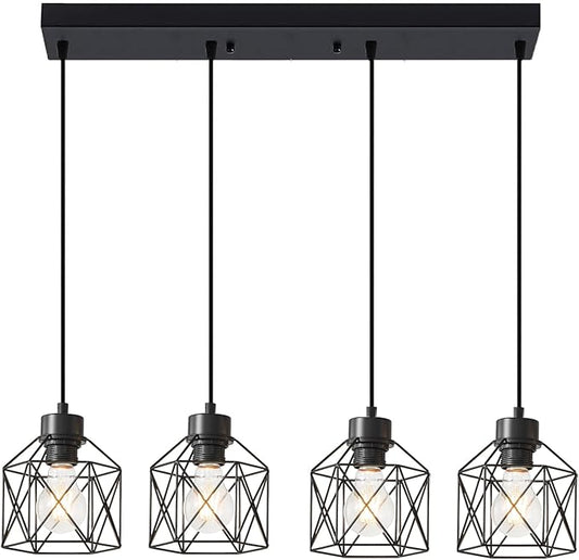 4-Light Hanging Pendant Light Fixtures, Farmhouse Kitchen Island Light Fixture, Industrial Hanging Pendant Lighting for Dining Room Bedroom Hallway, Black Metal Cage Pendant Lamp, E26 Base