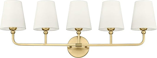 5-Light Bathroom Light Fixtures, Brushed Gold Vanity Lights with Flared Beige Fabric Shade, 35 Inch Wall Sconce, Vintage Sconces Wall Lighting for Hallway Bedroom, VL837-BG-B-5