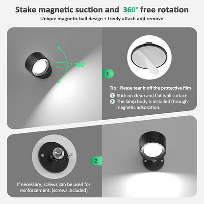 Lightbiz LED Wall Mounted Lights 2 Pcs with Remote, Wall Sconces Lamp 3000mAh Rechargeable Battery Operated, 3 Color Temperatures & Dimmable Magnetic 360° Rotation Cordless Light for Bedroom Bedside