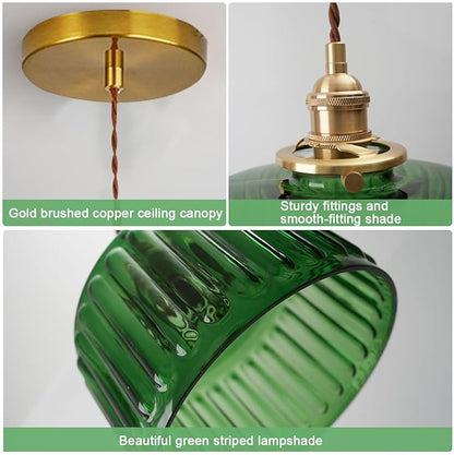 Single Glass Pendant Light Green Striped Glass Shade Brushed Brass Gold Pendant Lights Fixture Farmhouse 1-Light Vintage Industrial Ceiling Hanging Light for Dining Room Kitchen Island