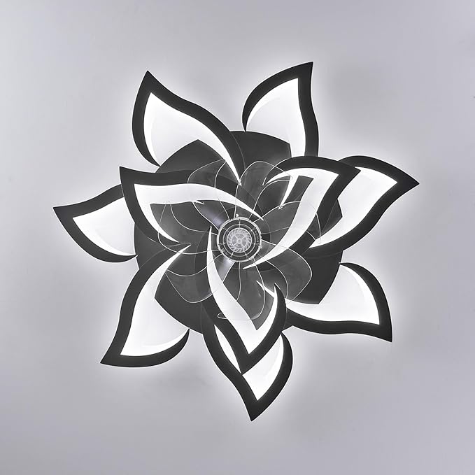 32inch Black Flower Modern Ceiling Fans with Lights, Low Profile Ceiling Fan with Remote for Bedroom, Flush Mount Ceiling Fan with LED Dimmable Light,6-Speeds, Timing Ceiling Fan Light