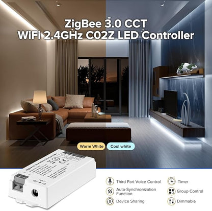 BTF-LIGHTING Tuya Zigbee 3.0 C02Z LED Controller Support CCT 3 pin (+V CW WW) PWM FCOB COB SMD Light Strip Compatible with Echo Plus/4th Gen Philip Gateway DC5V/DC12V/DC24V Max 15A