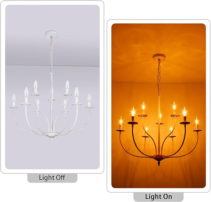 French Country Chandelier, 9-Light Antique White Farmhouse Chandelier, 2-Tier Candle Modern Farmhouse Chandeliers for Dining Room Living Room Bedroom Foyer