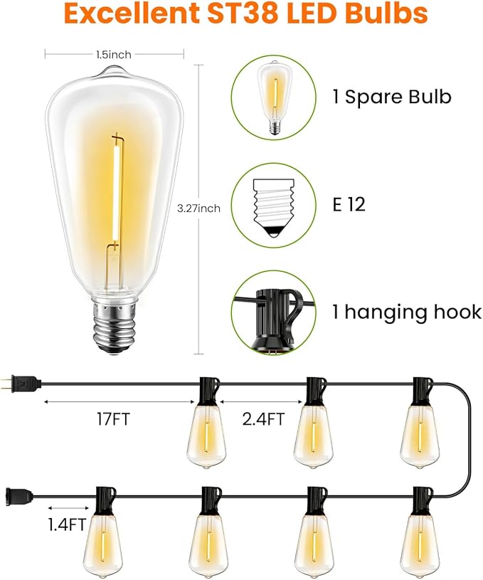 VOLIVO 100FT Outdoor String Lights for Patio, Waterproof Hanging Lights with 35+1 Shatterproof ST38 Edison Bulbs, Dimmable & Connectable Outside String Light for Backyard, Deck, Porch, Balcony