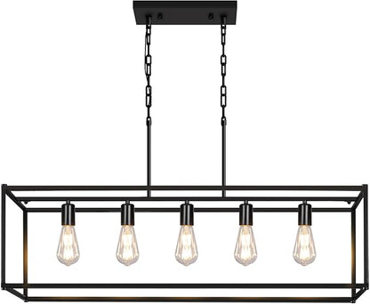 5-Light Rustic Farmhouse Chandelier, Rectangular Metal Kitchen Island Pendant Lighting Fixtures, Black Industrial Linear Hanging Light for Dining Room, Entryway, Foyer, Bar, Living Room