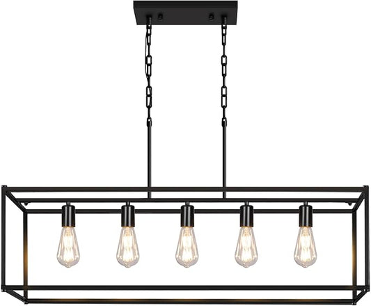 5-Light Rustic Farmhouse Chandelier, Rectangular Metal Kitchen Island Pendant Lighting Fixtures, Black Industrial Linear Hanging Light for Dining Room, Entryway, Foyer, Bar, Living Room