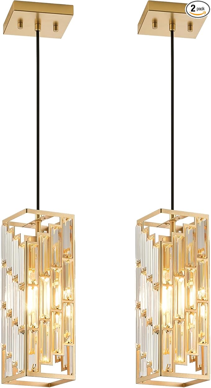 Gold Pendant Lights Kitchen Island 2 Pack, Adjustable Modern Pendant Light Fixtures, Mini Crystal Chandeliers for Dining Room Bedroom Foyer Hallway