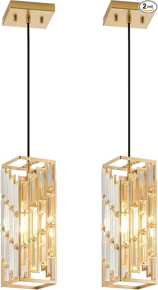 Gold Pendant Lights Kitchen Island 2 Pack, Adjustable Modern Pendant Light Fixtures, Mini Crystal Chandeliers for Dining Room Bedroom Foyer Hallway