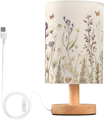 Bedside Table Lamp Retro Colorful Herbs Wild Flowers Nightstand Lamp with Wood Desk Lamps for Bedroom Living Room Nursery Office Home Decor