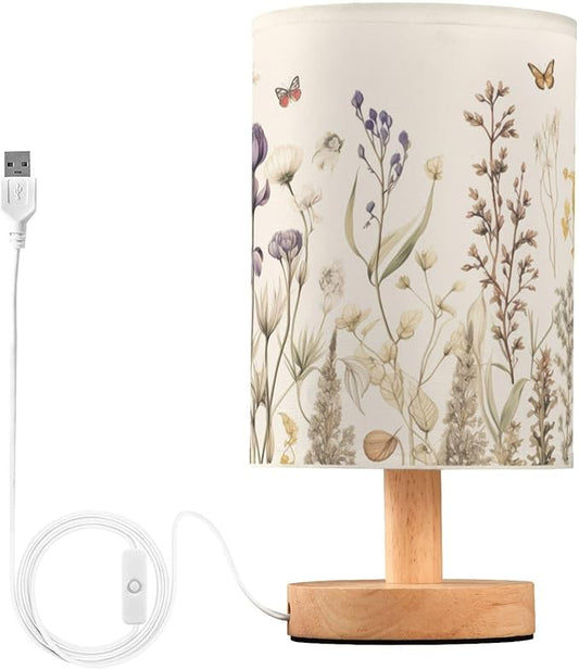 Bedside Table Lamp Retro Colorful Herbs Wild Flowers Nightstand Lamp with Wood Desk Lamps for Bedroom Living Room Nursery Office Home Decor