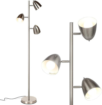 Brightech Jacob LED Standing Lamp, Modern Bright Floor Lamps for Living Rooms & Bedrooms, Tall LED Lighting Lamp with Adjustable 3 Light Tree – Satin Nickel