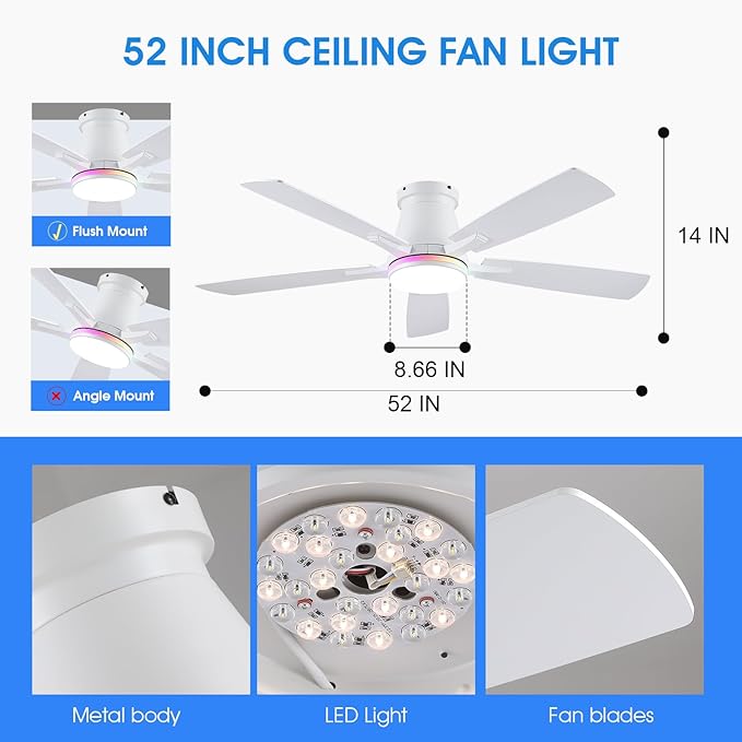 Surtime 52" Ceiling Fans with RGB Lights-Low Profile Ceiling Fan with Light and Remote/APP Control,Flush Mount,DC Reversible,LED Dimmable Ceiling Fans for Bedroom,Indoor/Outdoor Patio Use(White)