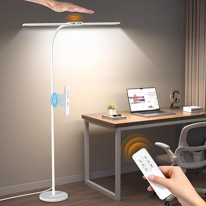 Syrinx LED Floor Lamp, Double Head Gooseneck Floor Lamps for Living Room with Gesture Switch & Remote Control, 14W Bright Tall Standing Lamp Modern Eye-Caring Reading Floor Lamp for Bedroom Office