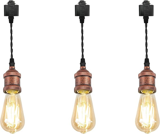 Kiven H-Type Track Lighting Pendants,Industrial h Track Pendant Lights with 11.8 Inch Cord Length Black Weave Rope,3 Pack Track Lighting Fixture,Vintage Red Finish
