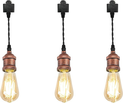 Kiven H-Type Track Lighting Pendants,Industrial h Track Pendant Lights with 7 Inch Cord Length Black Weave Rope,3 Pack Track Lighting Fixture,Vintage Red Finish