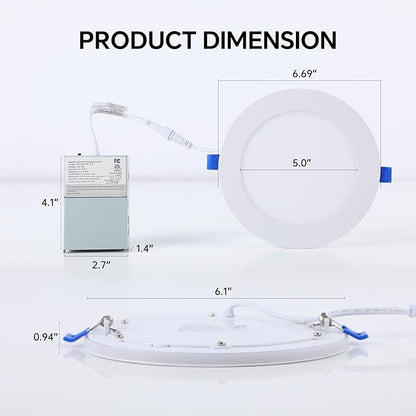 Simple Deluxe 12 Pack 6 Inch 5CCT Recessed Light with Night Light,Canless LED Recessed Lighting 6 inch,2700K-5000K Selectable,12W=130W,1080LM Dimmable Recessed Ceiling Wafer Light,ETL Certificated