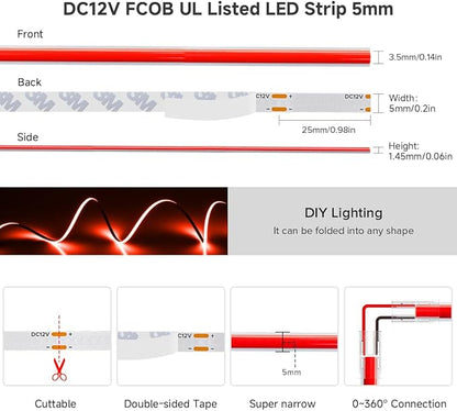 BTF-LIGHTING FCOB COB LED Strip Red Color 5mm Width UL Listed Super Narrow Flexible Uniform Light DC12V 16.4FT CRI 90+ Dimmable LED Ribbon for Bedroom Home Indoor Decor(No Adapter or Controller)