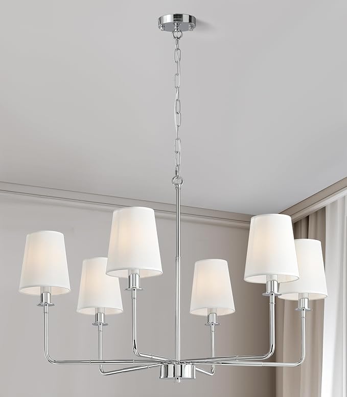 6-Light Chrome Farmhouse Chandelier with Linen Shades, E12 Base Industrial Ceiling Light Fixture, Adjustable Chain for Sloped Ceilings, Kitchen Island & Dining Room Fixture