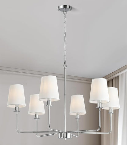 6-Light Chrome Farmhouse Chandelier with Linen Shades, E12 Base Industrial Ceiling Light Fixture, Adjustable Chain for Sloped Ceilings, Kitchen Island & Dining Room Fixture