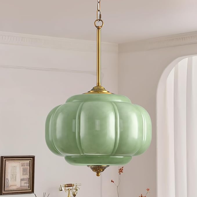 Green Glass Pendant Light, 15in Large Schoolhouse Light Fixture, LED Bulb Included, Vintage Art Deco Chandelier for Kitchen Island Dining Room Bedroom Hallway, Green & Antique Gold 1 Pack
